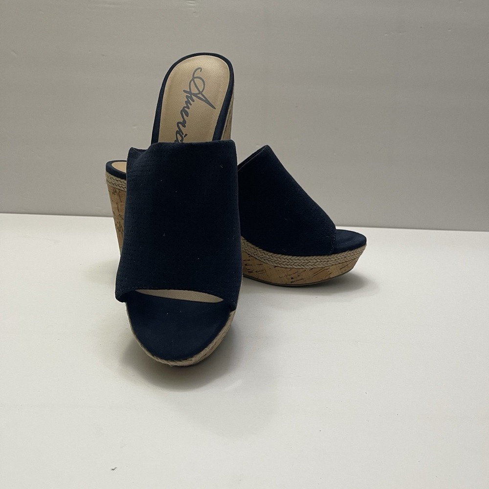 American Rag Shiraf Wedge Slide Blue Perforated Suede Cork Size 8